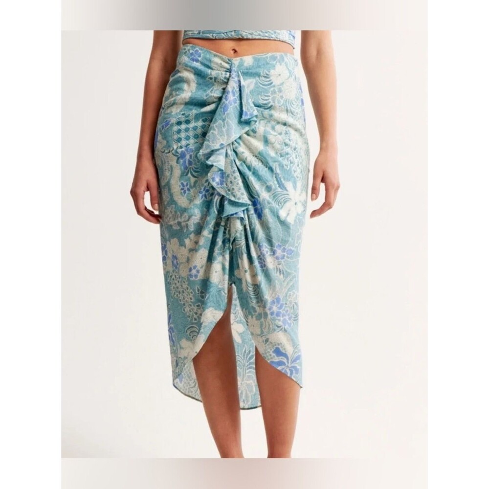Abercrombie & Fitch Blue Floral Ruffle Tiered Cascading Crinkle Swim Sarong Sm